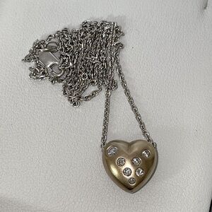Solid 14K Yellow White Gold Natural Diamond Chunky Puffy Heart Pendant Necklace
